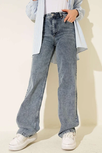 Çift Cepli Palazzo Kot Pantolon Kar Koyu - Resim 2