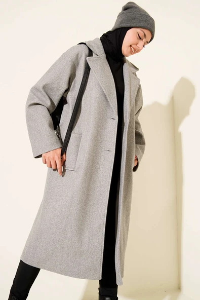 Kruvaze Yaka İki Düğmeli Detaylı Kaşe Kaban Gri ürün görseli 1