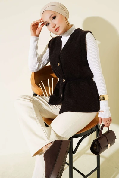 Bel Lastikli Sakallı Triko Yelek Kahve ürün görseli 1