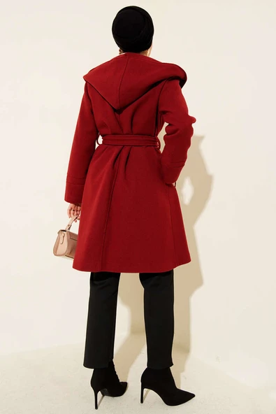 Kapüşonlu Kuşak Detaylı Kaşe Kaban Bordo - Resim 3