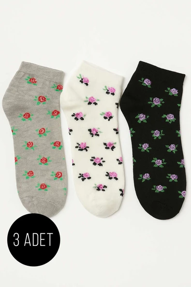 Kadın 3lü Karışık Desen Patik Çorap Asorti 8 ürün görseli