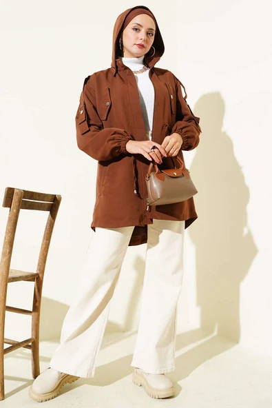 Bel Tünelli Kapüşonlu Trençkot Kahve - Resim 2