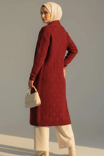 Şal Yaka Örgü Desenli Uzun Triko Hırka Bordo - Resim 3