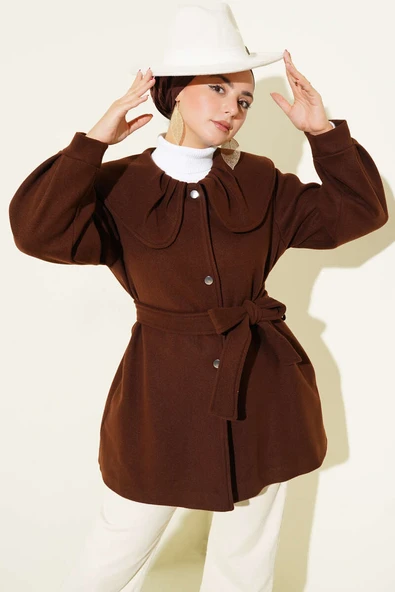 Bebe Yaka Detaylı Kaşe Kaban Kahve ürün görseli 1