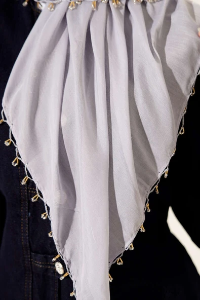 Mini Boncuk Detaylı Eşarp Gri - Resim 4