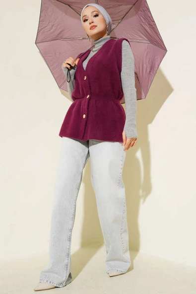 Bel Lastikli Sakallı Triko Yelek Mürdüm - Resim 2