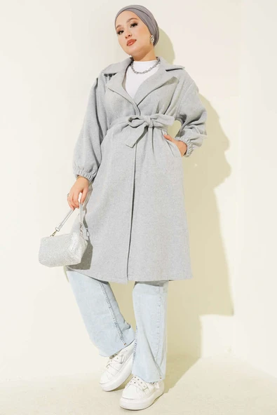 Kruvaze Yaka Belden Bağlamalı Kaban Gri ürün görseli 1