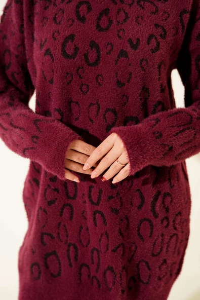 Leopar Desenli Sakallı Tunik Magenta - Resim 4