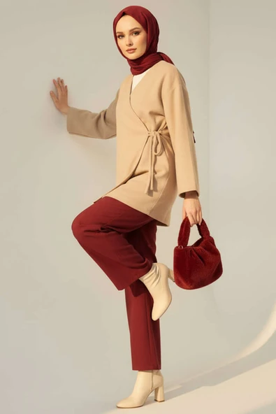 Yan Bağlamalı Kaşe Ceket Bej - 2