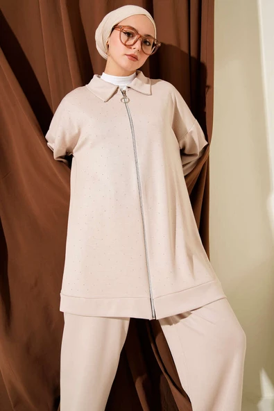 Mini Serpme Taşlı İkili Takım Bej - Resim 2