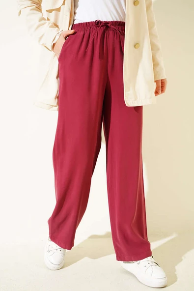 Bel Lastikli Tencel Pantolon Bordo ürün görseli 1