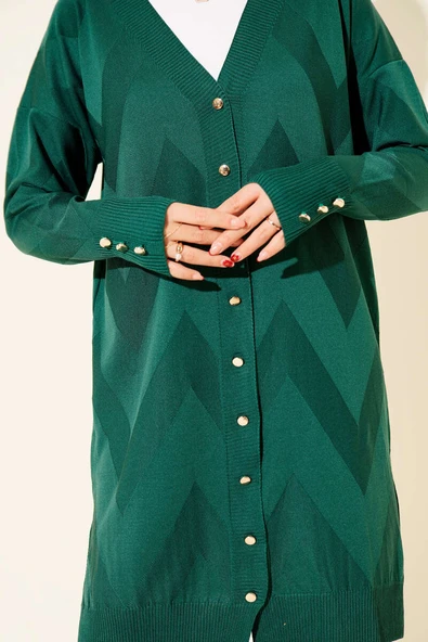 Zigzag Desenli Düğmeli Merserize Hırka Zümrüt - Resim 4
