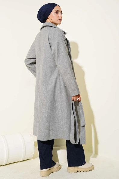 Tahta Düğmeli Kruvaze Yaka Kaşe Kaban Gri - 3