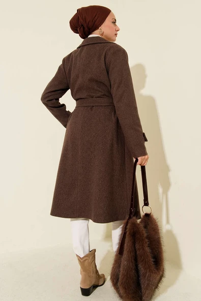 Kruvaze Yaka İki Düğmeli Kaşe Kaban Kahve - Resim 3