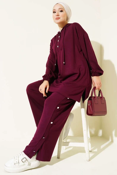 Yanları Metal Düğmeli Kapşonlu İkili Takım Mürdüm ürün görseli 1