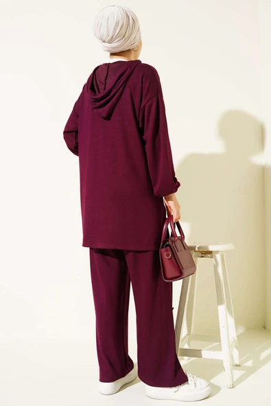 Yanları Metal Düğmeli Kapşonlu İkili Takım Mürdüm - Resim 3