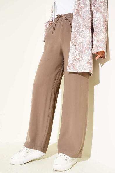 Bel Lastikli Tencel Pantolon Vizon - Resim 2