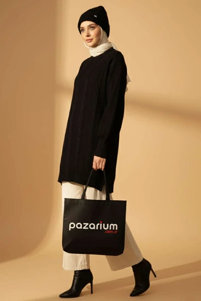 Örgü Kabartmalı Yumoş Triko Tunik Siyah - Resim 2