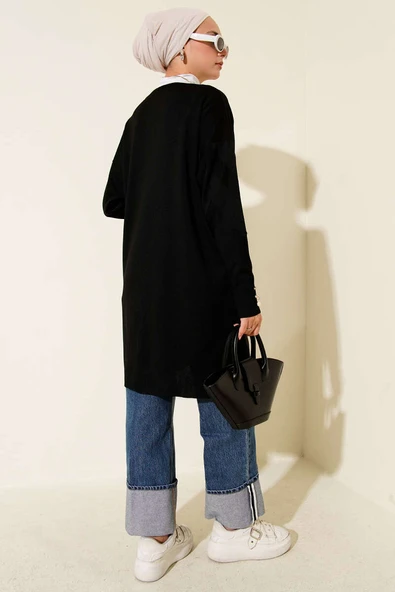 Zigzag Desenli Düğmeli Merserize Hırka Siyah - Resim 3