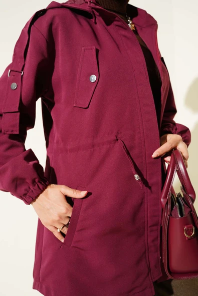 Bel Tünelli Kapüşonlu Trençkot Bordo - Resim 4