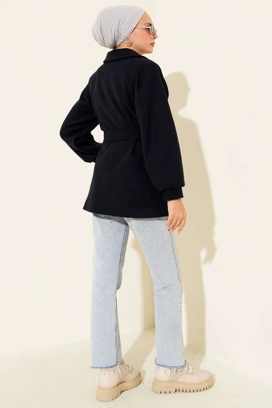 Balon Kol Kısa Kaşe Kaban Lacivert - Resim 3