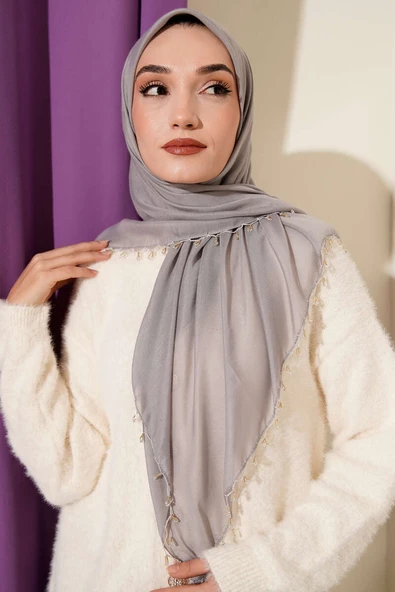 Mini Boncuk Detaylı Eşarp Kayrak Grisi - Resim 2