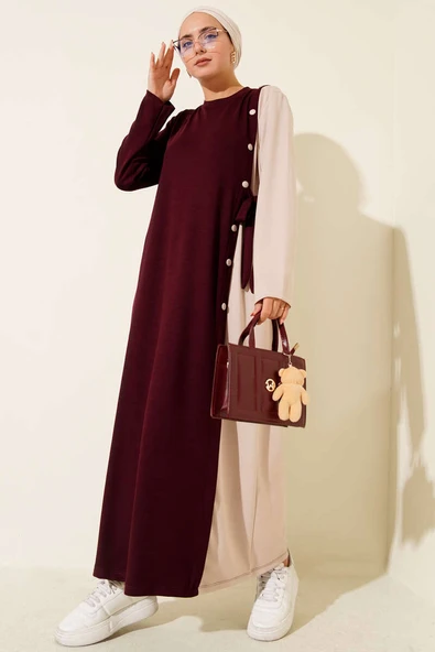 Düğmeli Yandan Bağlamalı Bisiklet Yaka Elbise Bordo ürün görseli 1