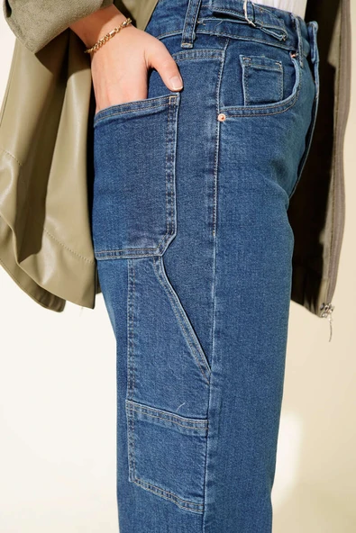 Yan Kemer Tokalı Mom Kot Pantolon Mavi - Resim 4