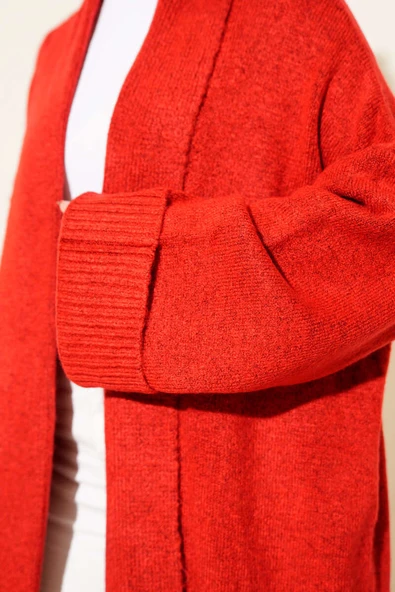Şal Yaka Uzun Triko Hırka Kırmızı - Resim 4
