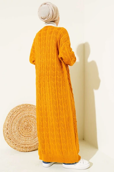 Saç Örgü Uzun Triko Hırka Hardal - Resim 3