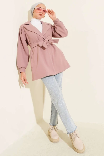 Balon Kol Kısa Kaşe Kaban Pudra - Resim 2