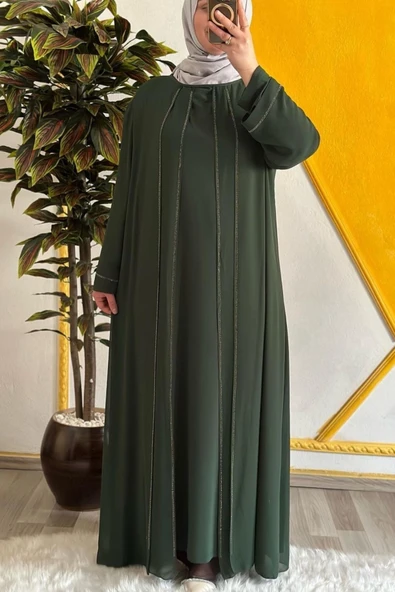 Kadın Tesettür Giyim Büyük Beden Şifon Şerit Taşlı Abiye - 5