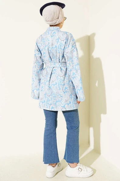 Desenli İp Bağcıklı Kimono Mavi - Resim 3
