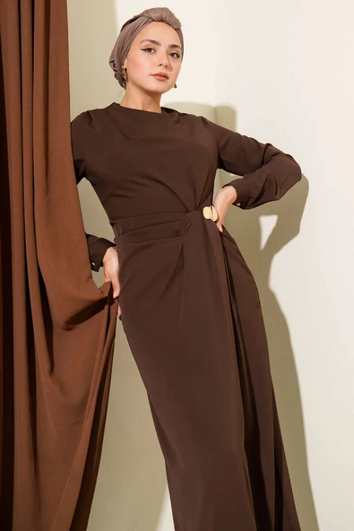 Gold Aksesuarlı Abiye Elbise Kahve - Resim 2