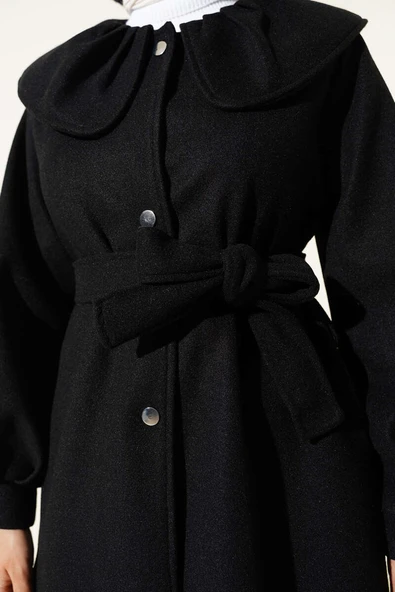 Bebe Yaka Detaylı Kaşe Kaban Siyah - Resim 4