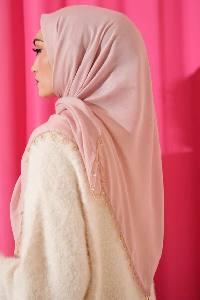 Mini Boncuk Detaylı Eşarp Pudra - Resim 3