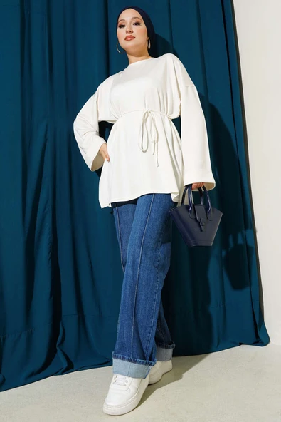 Yan Yırtmaçlı Duble Kol Tunik Ekru - Resim 2