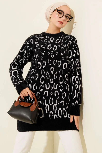 Leopar Desenli Sakallı Tunik Siyah Beyaz ürün görseli