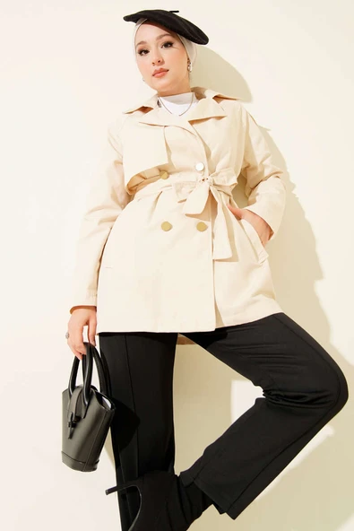 Tek Omuz Apoletli Düğmeli Trençkot Bej ürün görseli 1