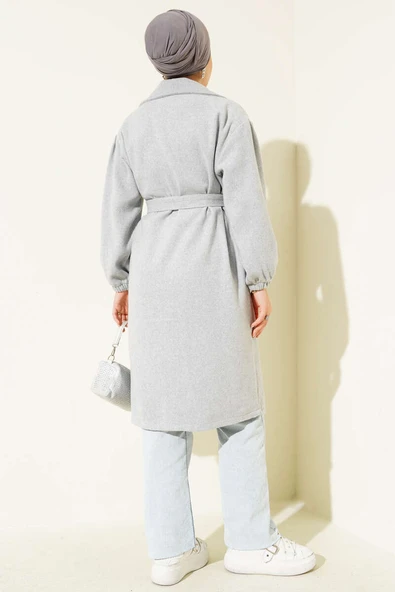 Kruvaze Yaka Belden Bağlamalı Kaban Gri - Resim 3
