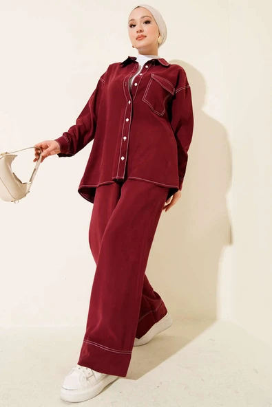 Gömlek Yaka Tek Cepli İkili Takım Bordo - Resim 2