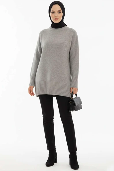 Düşük Omuz Detaylı Triko Tunik Gri - Resim 2