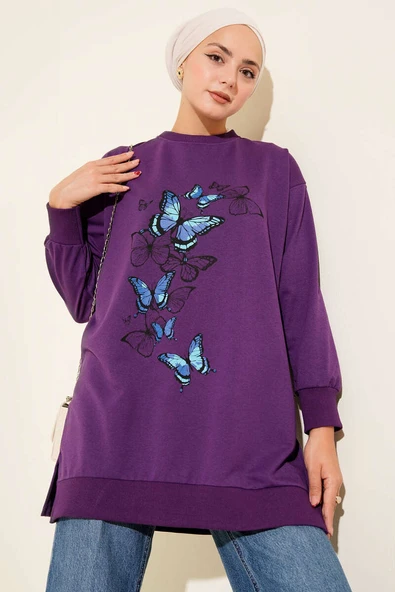 Kelebek Baskılı İki İplik Tunik Mor ürün görseli 1