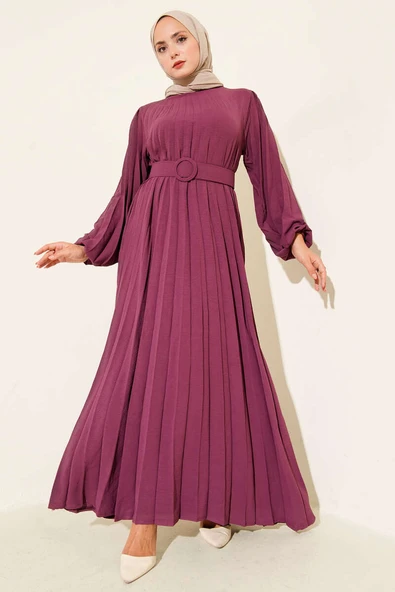 Piliseli Kemerli Ayrobin Elbise Menekşe ürün görseli 1