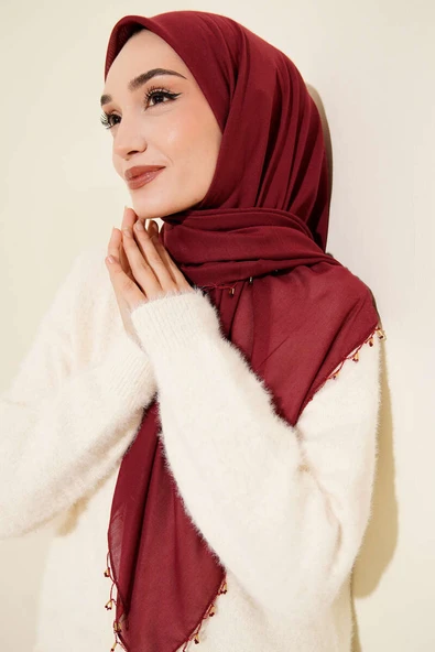 Mini Boncuk Detaylı Eşarp Bordo ürün görseli 1