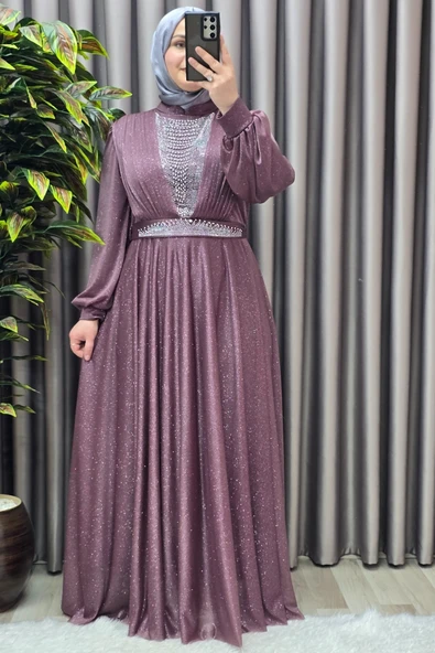 Kadın Tesettür Giyim Büyük Beden Simli Kübra Abiye - Resim 11