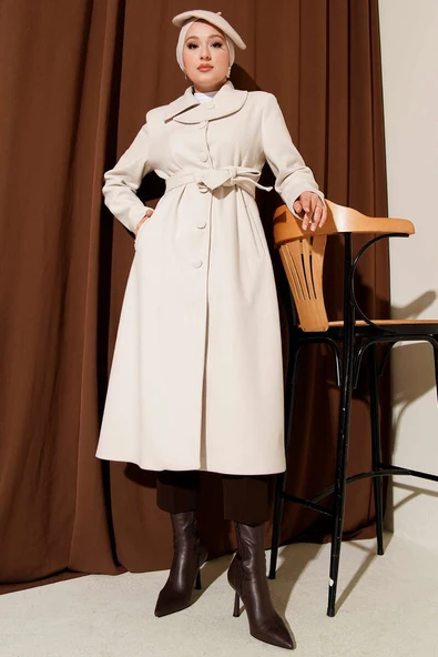 Yaka Düğmeli Kuşaklı Kaşe Kaban Taş - Resim 2