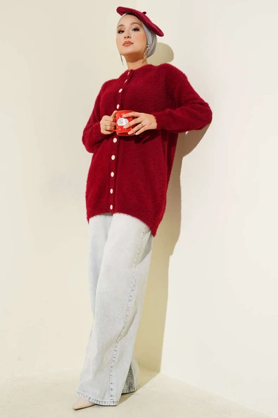 Gold Düğmeli Peluş Hırka Bordo - Resim 2