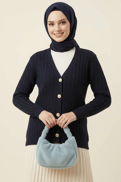 Saç Örgülü Düğmeli Triko Hırka Lacivert ürün görseli