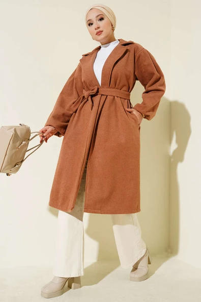 Cepli Kuşaklı Kruvaze Yaka Kaşe Kaban Latte ürün görseli 1